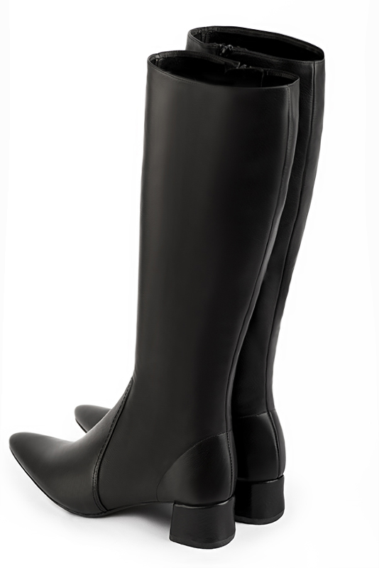 Satin black women's feminine knee-high boots. Tapered toe. Low flare heels. Made to measure. Rear view - Florence KOOIJMAN